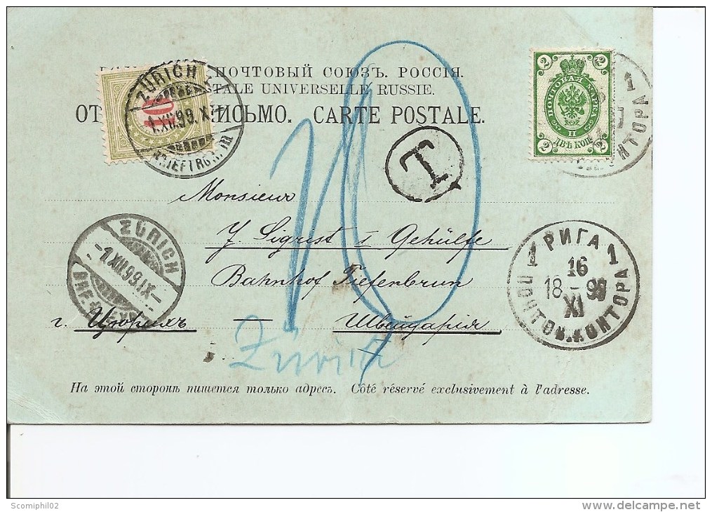 Suisse -Taxe ( Carte Postale De Russie De 1899 De Riga Vers Zurich Et Taxée à Voir) - Postage Due