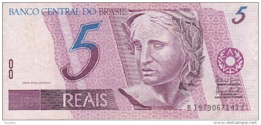 BILLETE DE BRASIL DE 5 REAIS DEL AÑO 1997 DE  UNA GARZA BLANCA -BIRD-PAJARO     (BANKNOTE) - Brasil