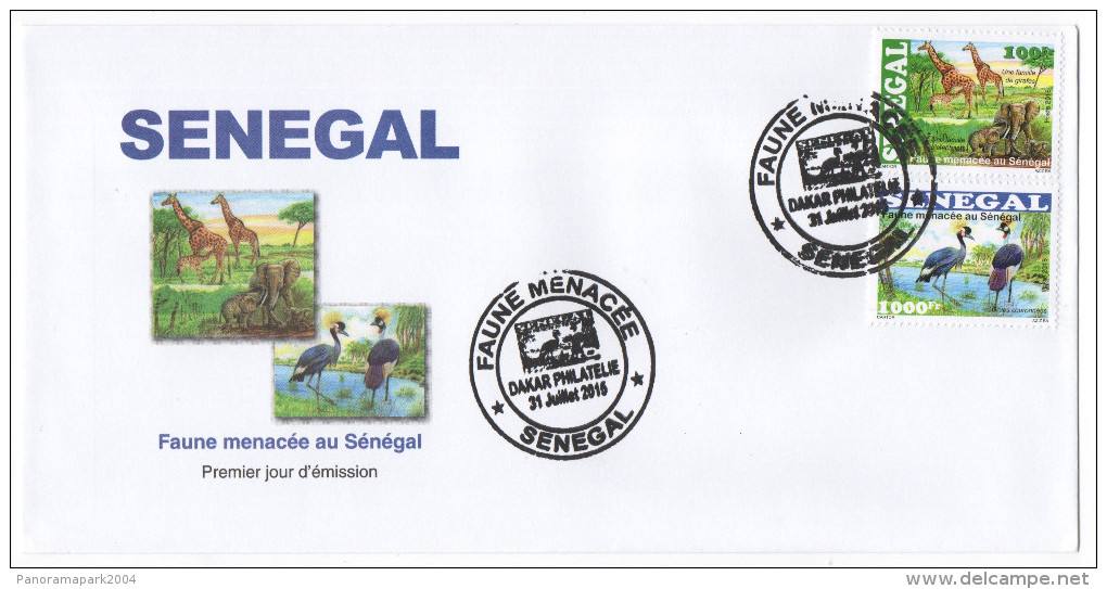 Sénégal 2015 FDC Enveloppe 1er Jour Faune Menacée Threatened Fauna éléphants Girafes Birds Oiseaux Elephants Giraffe - Giraffe