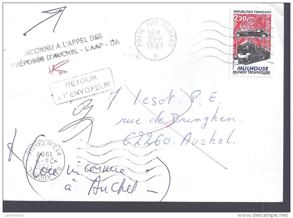 Oblitération Militaire BPM  Et Auchel (62) Avec Cachet "retour à L´envoyeur" , 1987, - Militärstempel Ab 1900 (ausser Kriegszeiten)