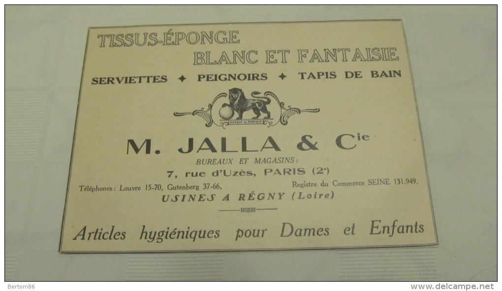 TISSUS-EPONGE BLANC ET FANTAISIE-M. JALLA & Cie-REGNY- PUBLICITE DE 1934 ISSUE DE L´ANNUAIRE BLEU DU COMMERCE INT. - Publicités