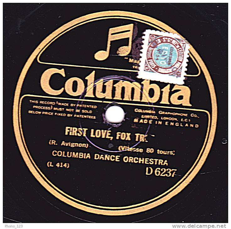 78 Trs Columbia D 6237 - COLUMBIA DANCE ORCHESTRA - PLUIE DE ROSES - FIRST LOVE, FOX TR - 78 T - Disques Pour Gramophone