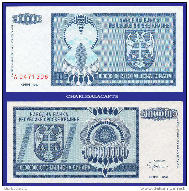 1993  CROATIA KRAJINA  100 MILLION DINARA SERIAL No....306  KRAUSE R15 UNC. CONDITION - Croatie
