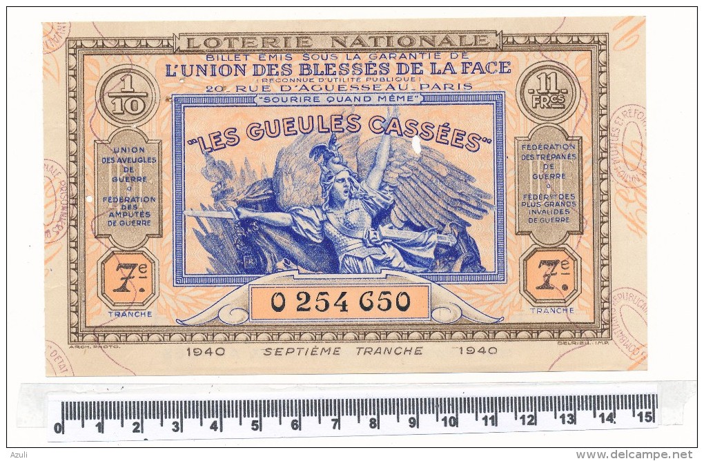 Billet De La Loterie Nationale - Les Gueules Cassées, 1940 - Billetes De Lotería