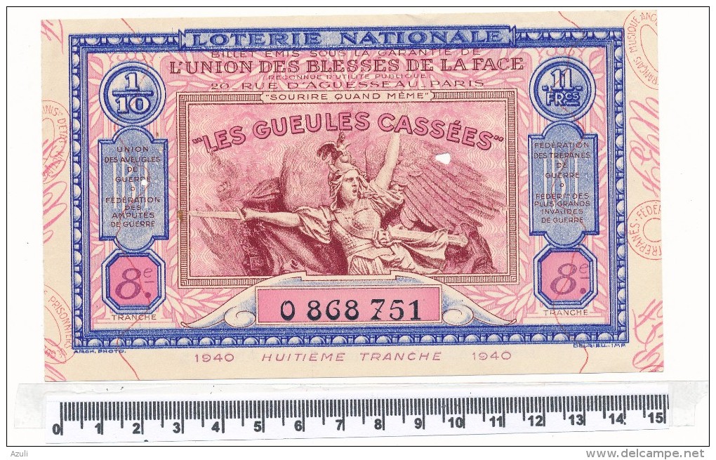 Billet De La Loterie Nationale - Les Gueules Cassées, 1940 - Billetes De Lotería