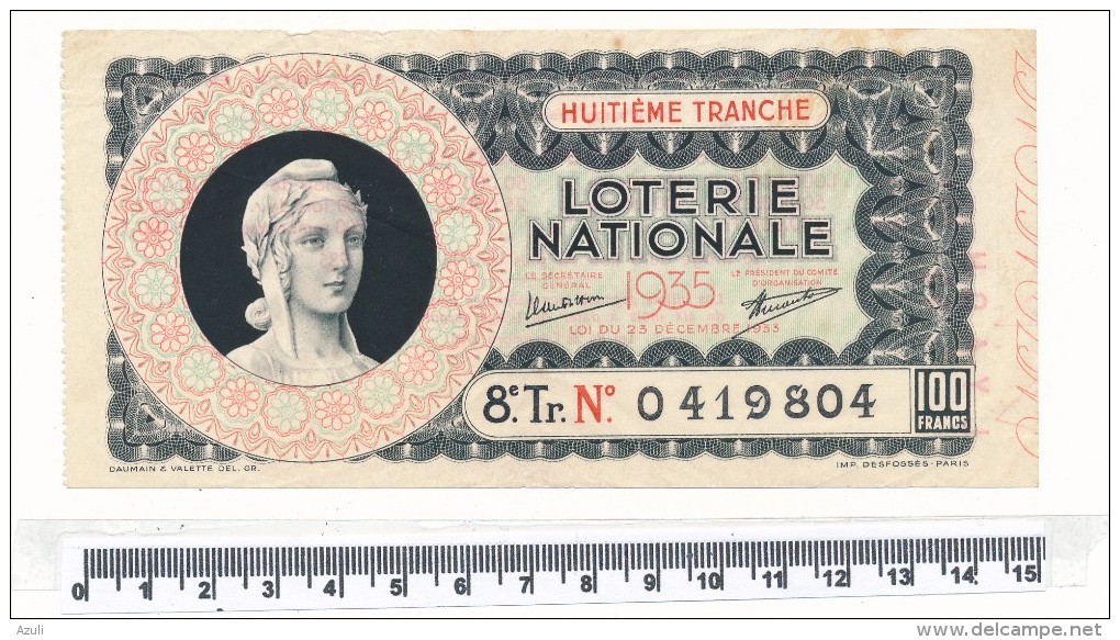 Billet De La Loterie Nationale - 8° Tranche, 1935 - Billetes De Lotería