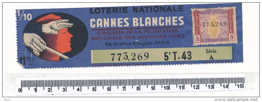 Billet De La Loterie Nationale - Cannes Blanches 1943 - Billetes De Lotería