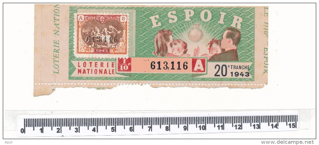 Billet De La Loterie Nationale - Espoir, 1943 - Billetes De Lotería