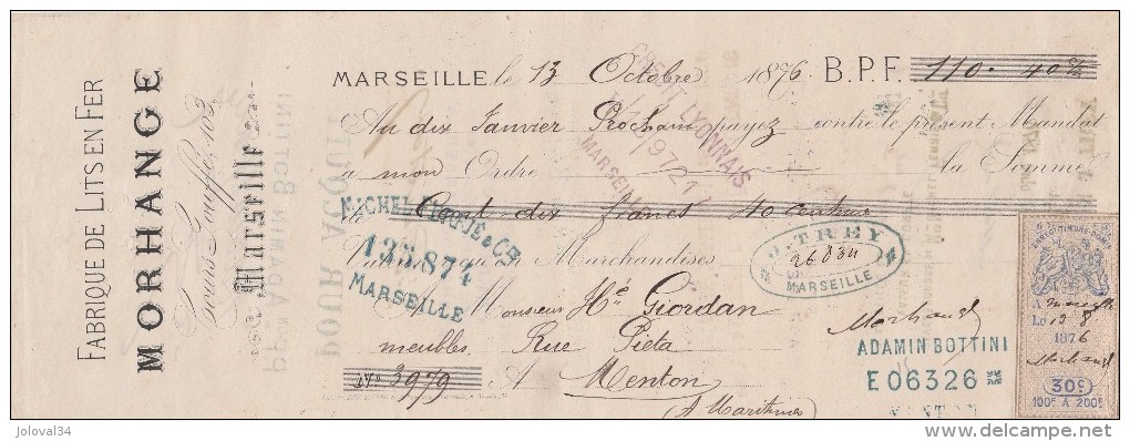 Lettre Change 13/10/1876 MORHANGE Lits En Fer MARSEILLE Bouches Du Rhône Pour Menton - Timbre Fiscal Oudiné - Lettres De Change