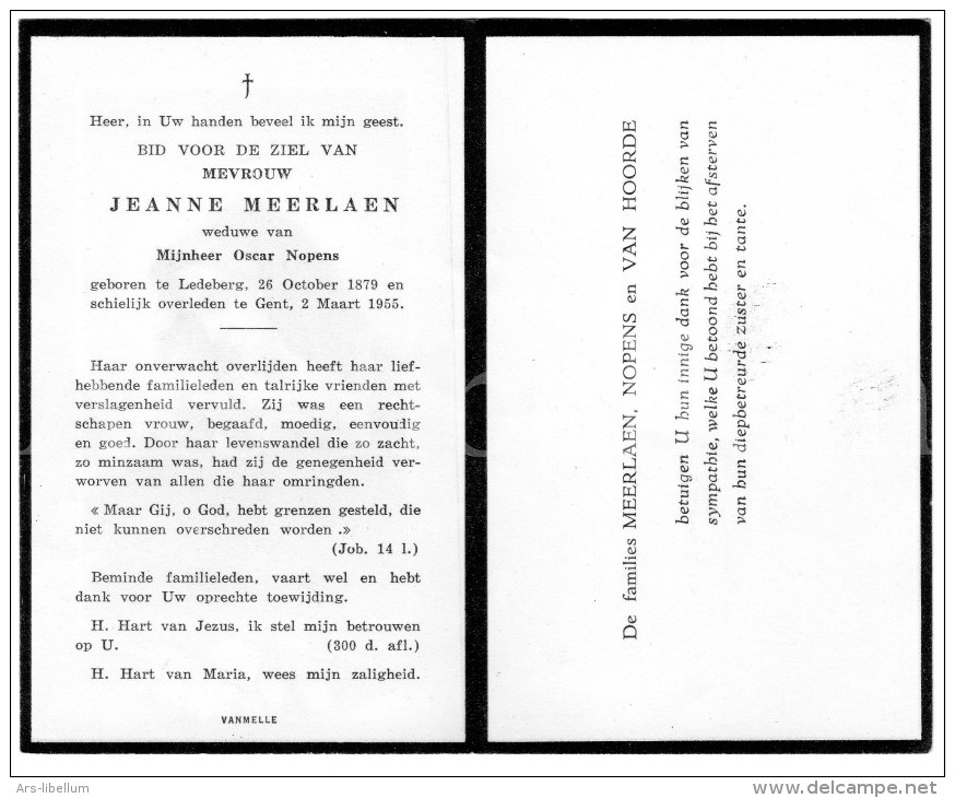 Doodsprentje / Bidprentje / Avis De Décès / Deathcard / Jeanne Meerlaen / Ledeberg / Gent / 1955 - Obituary Notices