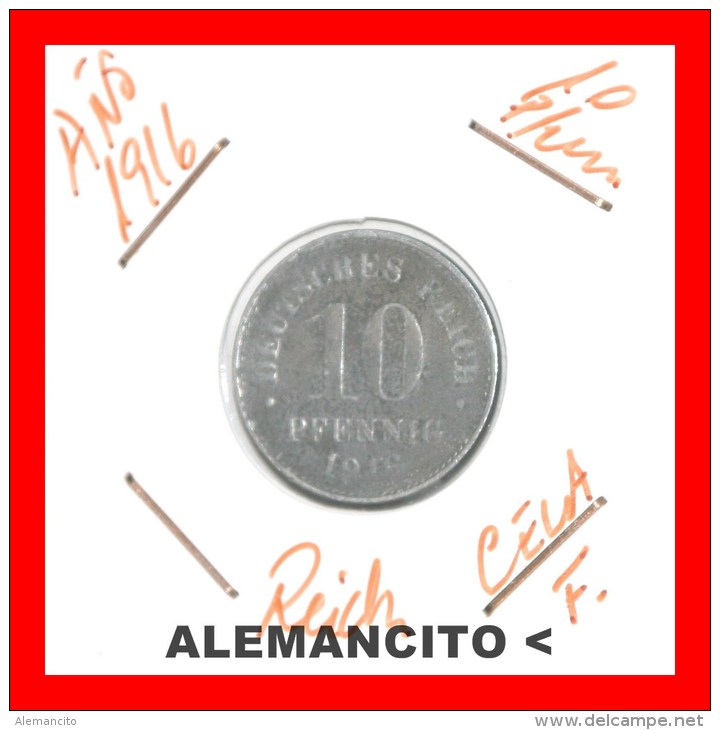 ALEMANIA -  IMPERIO  -  DEUTSCHES REICH -  10-Pfn: AÑO 1916-F - 10 Pfennig