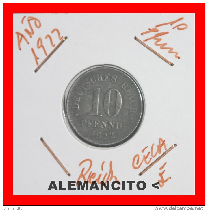 ALEMANIA -  IMPERIO  -  DEUTSCHES REICH -  10-Pfn: AÑO 1922-E - 10 Pfennig