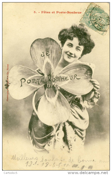 5. Fêtes Et Porte-Bonheur  Je Porte Bonheur  Jeune Femme Gros Trefle à 4 Feuilles  Bergeret Nancy     Cpa - Nouvel An