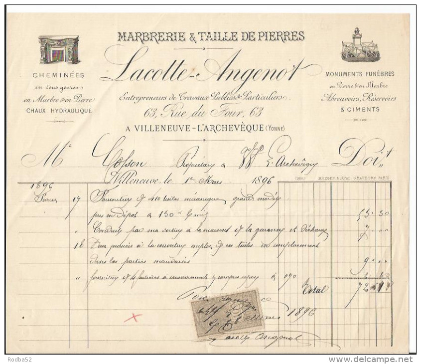 Vieille Facture - Lacotte Angenot - Marbrerie Et Taille De Pierre -Villeneuve L' Archevêque-Yonne 89 Entête Publicitaire - Elettricità & Gas