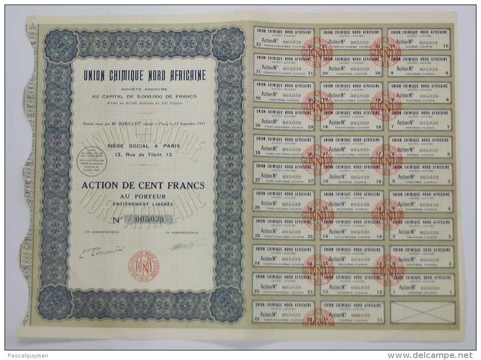 ACTION 100 FRANCS UNION CHIMIQUE NORD AFRICAINE 1931 - Africa