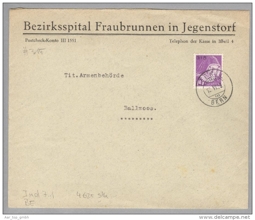 Heimat BE Iffwil 1936-06-12 Portofreiheit-Brief Mit Gr#315 Jegenstorf Bezirksspital - Vrijstelling Van Portkosten