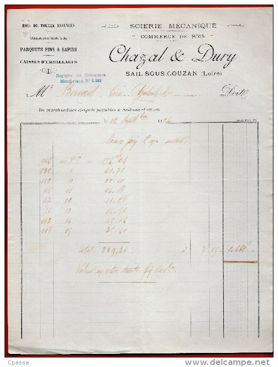 FACTURE 42 SAIL-Sous-COUZAN Loire - CHAZAL & DURY - Scierie Mécanique - Commerce De Bois - Charpente Parquet - 1900 – 1949