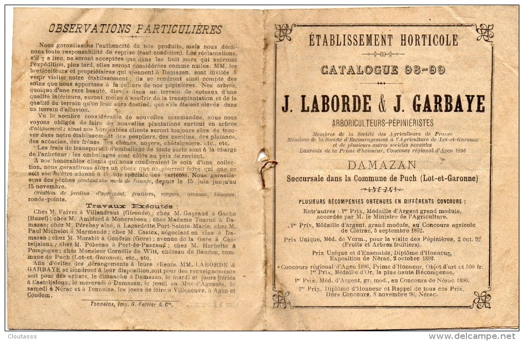 DAMAZAN )  Carnet Horticole- 1908_1909-5 PAGES RECTO VERSO TOUT FRUIT, LEGUMES , CATEGORIE  PEU COMMUN - Other & Unclassified