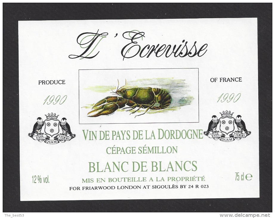 Etiquette De Vin  De Pays De La Dordogne 1990  -  L'Ecrevisse  -  Thème Poisson  - - Pesci