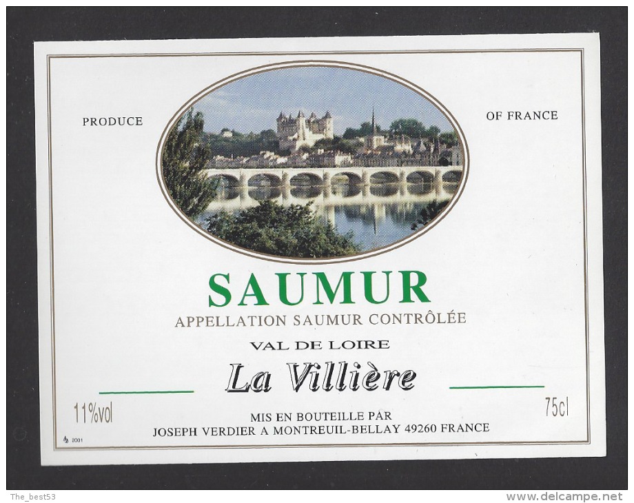 Etiquette De Vin  Saumur  -  La VIllière  -  Thème Pont Et Chateau De Saumur  -  J. Verdier à Montreuil Bellay (49) - Puentes