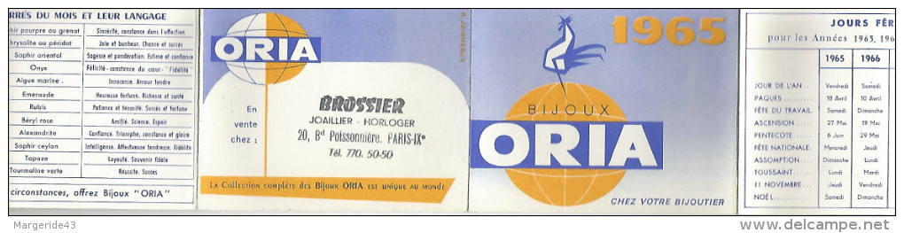 CALENDRIER DE POCHE 1965 - BIJOUX ORIA - BROSSIER JOAILLIER A PARIS - Petit Format : 1961-70