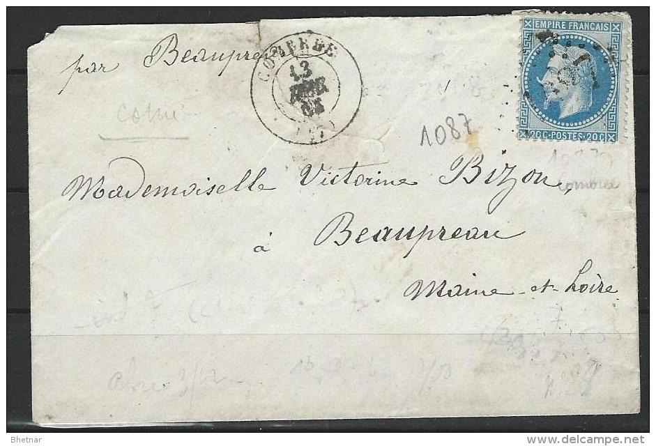 YT 29Bb Sur Lettre "Napoléon III Lauré  20c. Bleu " 1868 à La Corne + GC 1087 COMBREE - 1863-1870 Napoleon III With Laurels