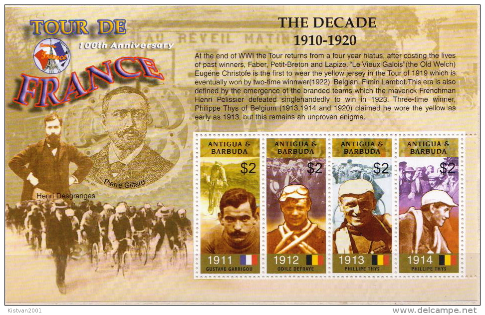 Antigua Barbuda MNH Tour De France On 3 Sheetlets And 3 SSs - Cycling