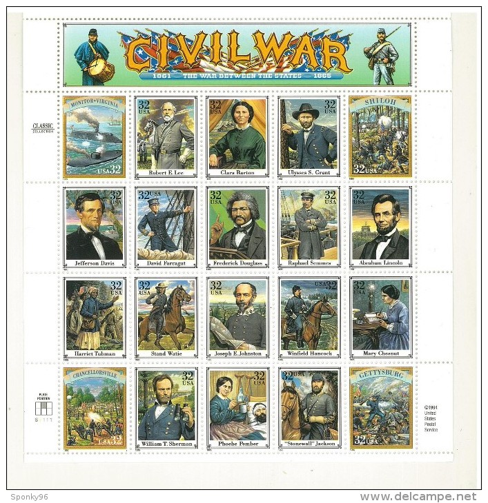 FOGLIO INTERO - CIVIL WAR  - GUERRA DI SECESSIONE - CLASSIC COLLECTION  -  ANNO 1995 -  PLATE POSITION NUMBER 2 - - Feuilles Complètes