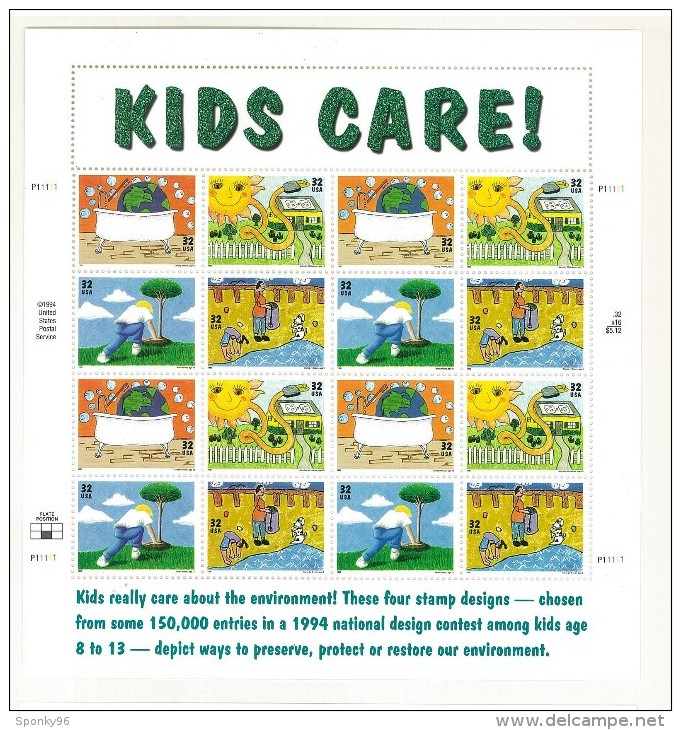 FOGLIO INTERO - ANNO 1995 - KIDS CARE - GIORNATA DELLA TERRA - DISEGNI DI BAMBINI - PLATE POSITION NUMBER 5 - - Sheets