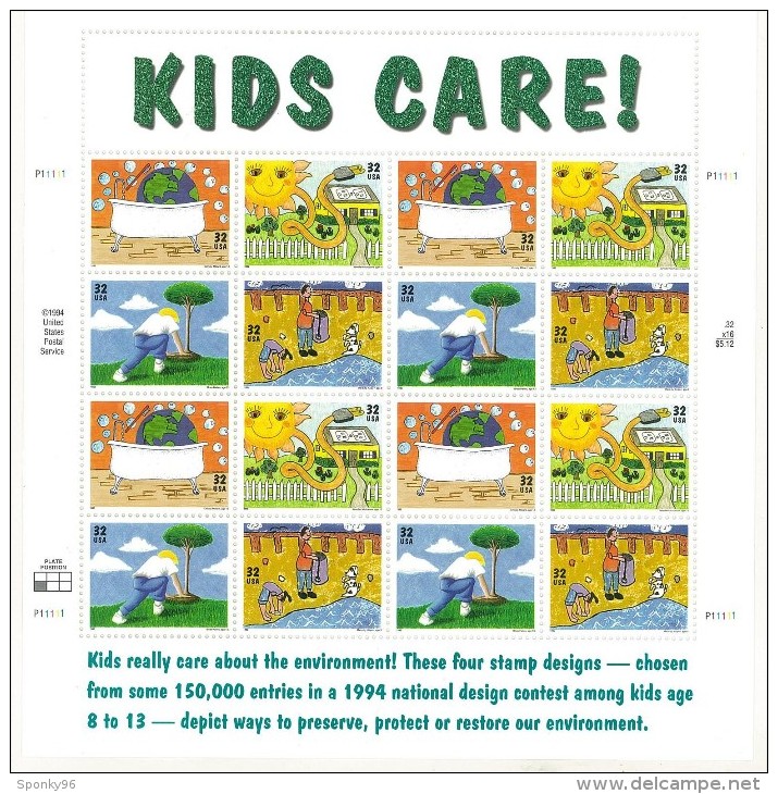 FOGLIO INTERO - ANNO 1995 - KIDS CARE - GIORNATA DELLA TERRA - DISEGNI DI BAMBINI - PLATE POSITION NUMBER 4 - - Sheets