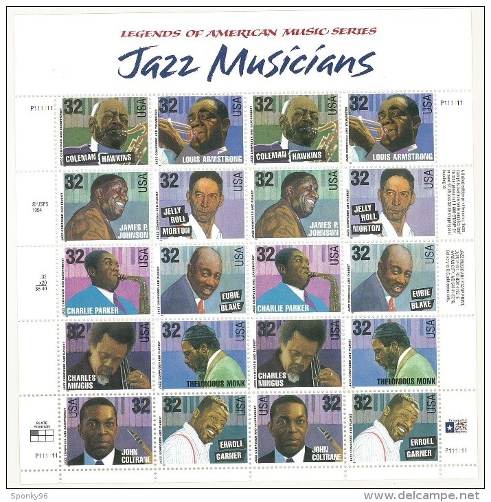 MINIFOGLIO DI 2 SERIE - ANNO 1995 - LEGENDS OF AMERICAN MUSIC SERIES - JAZZ MUSICIANS - PLATE POSITION NUMBER 1 - - Feuilles Complètes