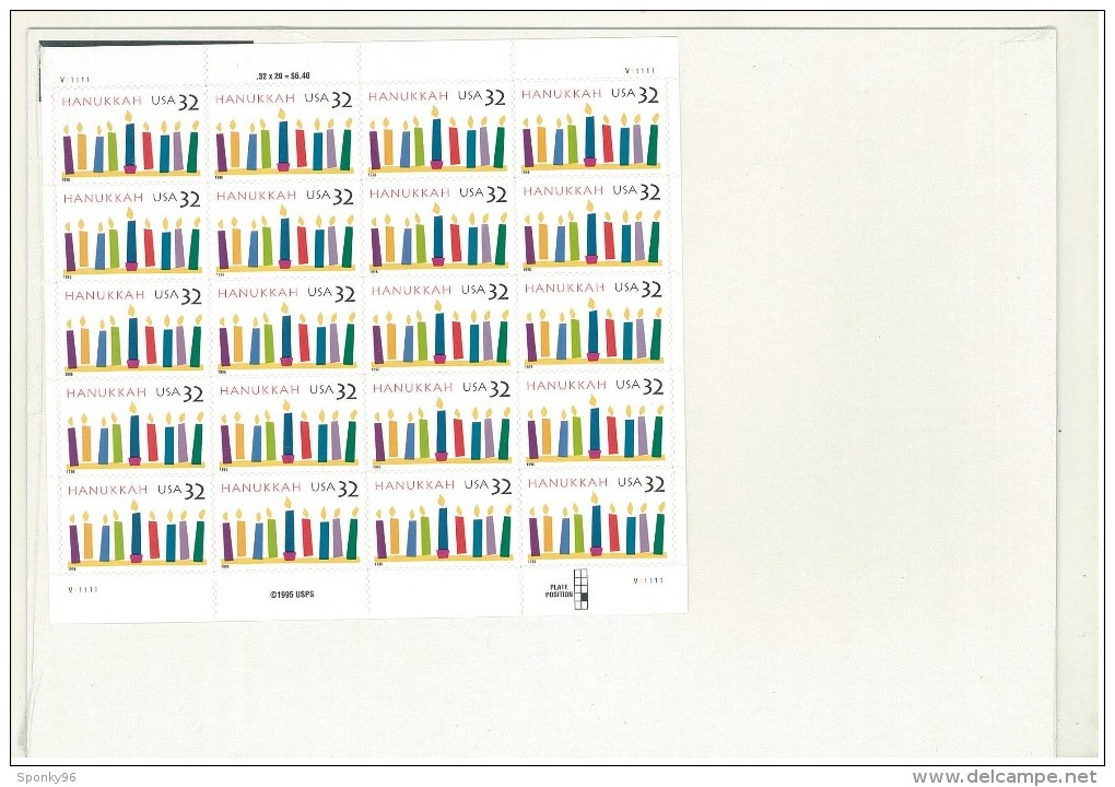 FOGLIO INTERO - ANNO 1996 - "HANUKKAH" - FESTA EBRAICA - PACCO ORIGINALE -  FRANCOBOLLI AUTOADESIVI - PLATE POSITION 8 - - Fogli Completi