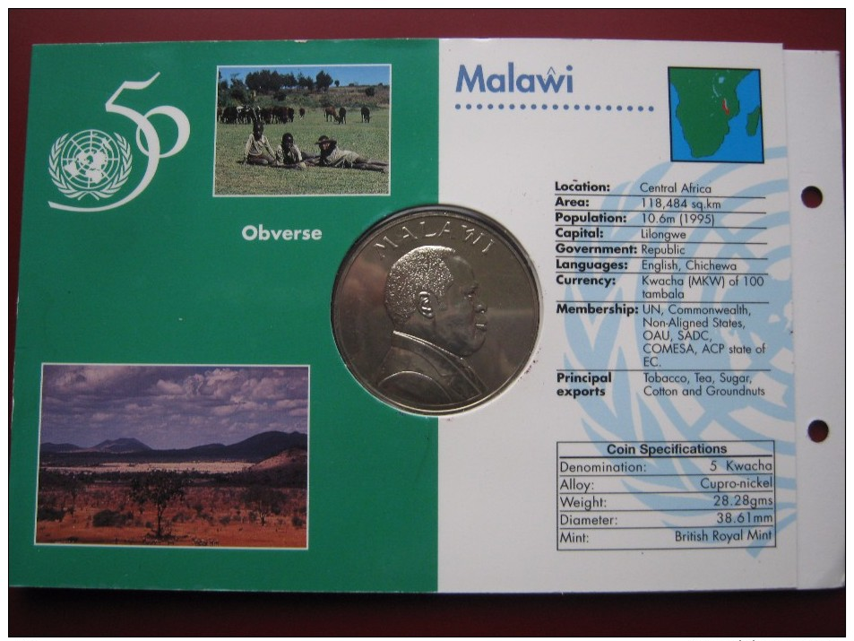 Malawi 1995 UNC 5 Kwacha United Nations 50-th Anniversary Sealed In Card - Malawi