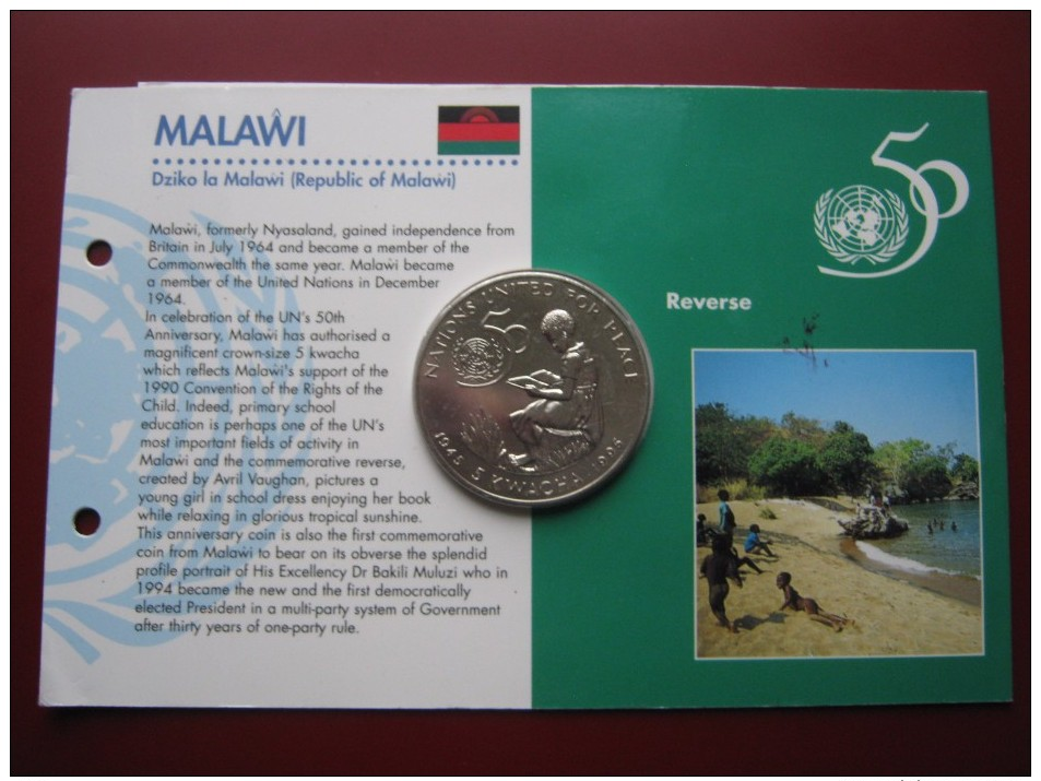 Malawi 1995 UNC 5 Kwacha United Nations 50-th Anniversary Sealed In Card - Malawi