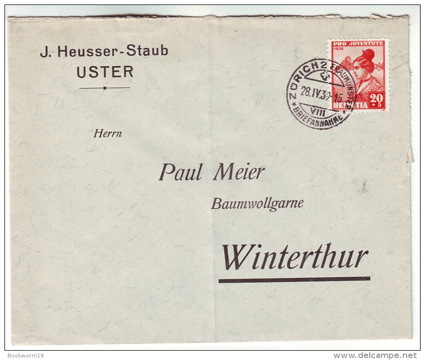 126 Switzerland Pro Juventute Mi 333 Girl Of Uri Posted 1939 Zurich 2 To Winterthur - Cartas & Documentos