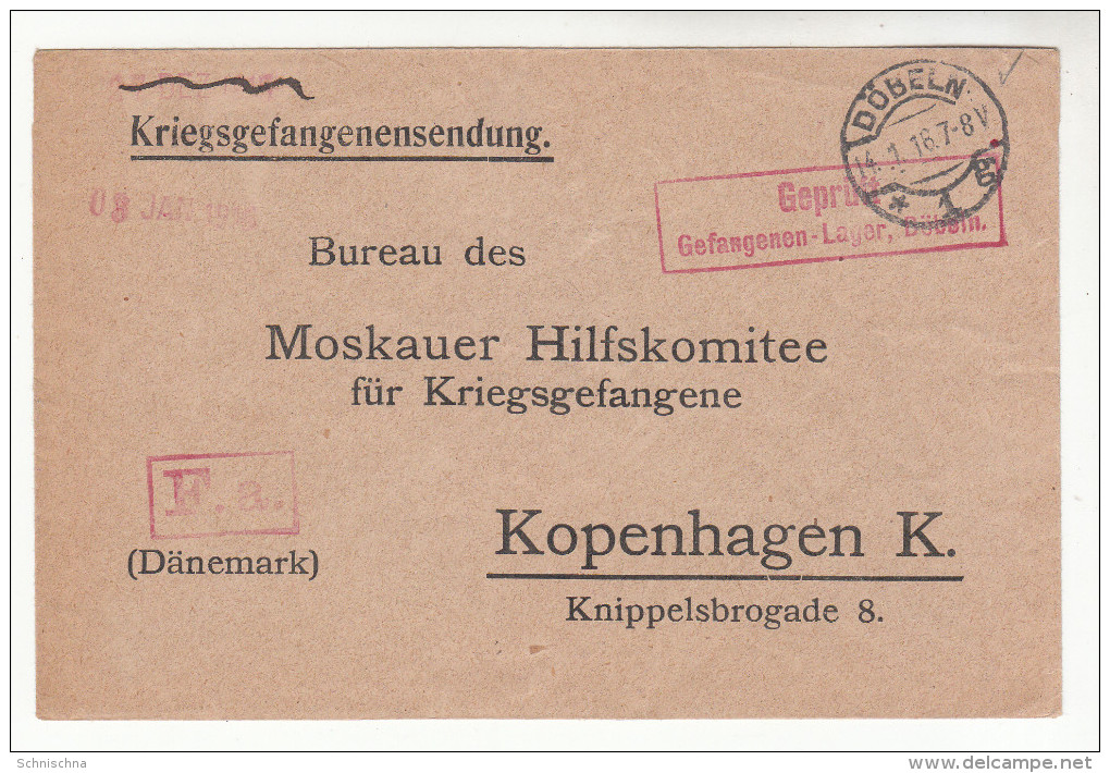 Brief-Kuvert, Lager Döbeln An Das Moskauer Hilfskomitee Für Kriegsgefangene In Kopenhagen, Zensur, 1916 - Briefe U. Dokumente