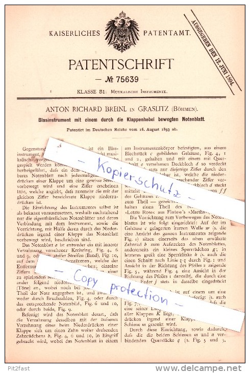 Original Patent - Anton Richard Breinl In Graslitz / Kraslice , Böhmen , 1893 , Blasinstrument , Posaune , Trompete !!! - Musikinstrumente