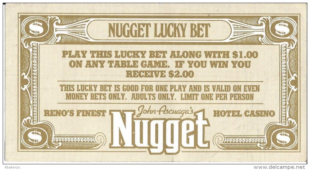 John Ascuaga's Nugget Casino Lucky Bet Coupon From Sparks, NV - Advertising