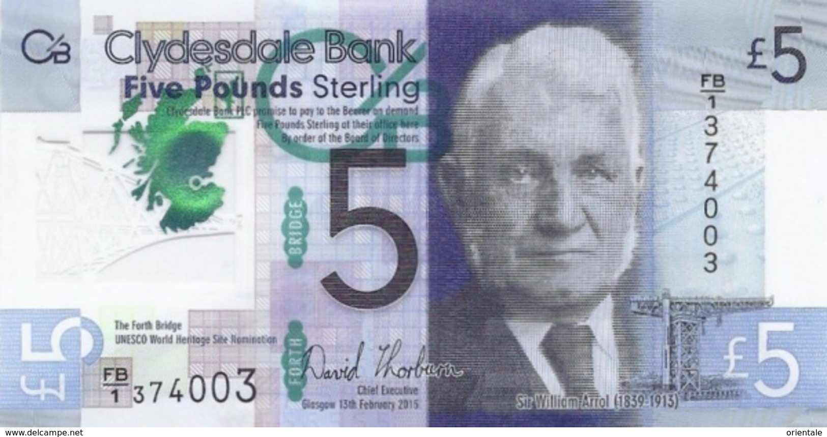 SCOTLAND P. 369 5 P 2015 UNC - 5 Pounds