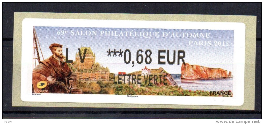 FRANCE - 2015 - VIGNETTE LISA - SALON PHILATELIQUE D´AUTOMNE - Motif Jacques Cartier - 0.68 Euro - Lettre Verte - - 2010-... Vignettes Illustrées