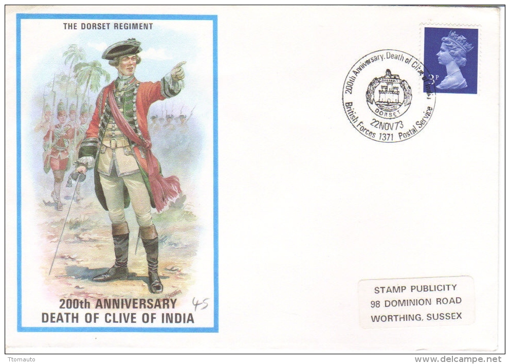 British Military Uniforms -  The Dorset Regiment   -  Death Of Clive Of India  -  FDC  - Enveloppe 1er Jour - Militaria
