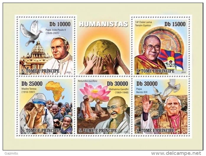 S. Tomè 2010, Dalai Lama, M. Teresa, Pope Benedict, J. Paul II, 5val In BF - Mother Teresa