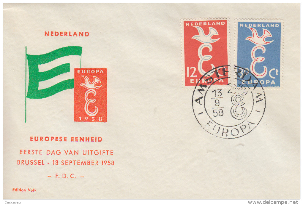Enveloppe 1er Jour  PAYS BAS   EUROPA   AMSTERDAM    1958 - 1958