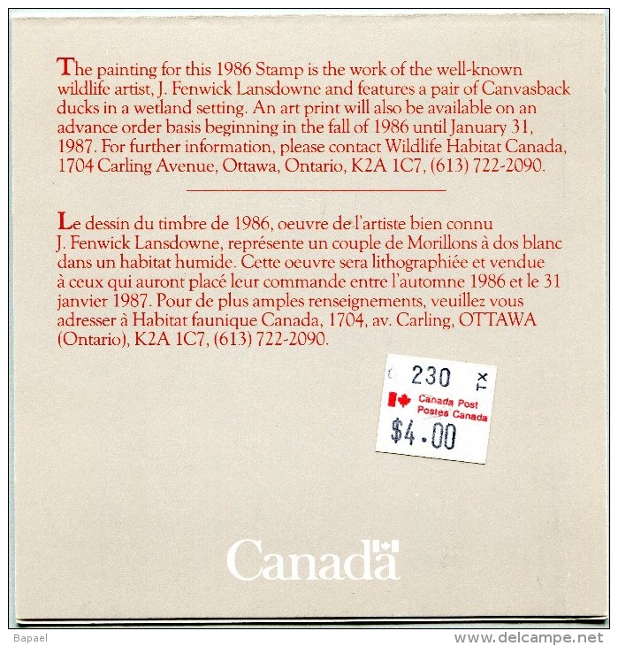 Canada (1986) - Conservation Des Habitats Fauniques - Permis De Chasse - (Ne Peut Servir Affranchissement) (JS) - Abarten Und Kuriositäten