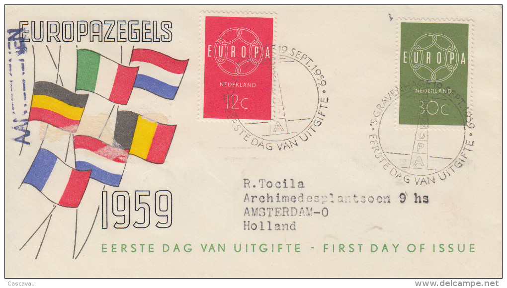 Enveloppe 1er  Jour    PAYS  BAS   Paire   EUROPA     1959 - 1959