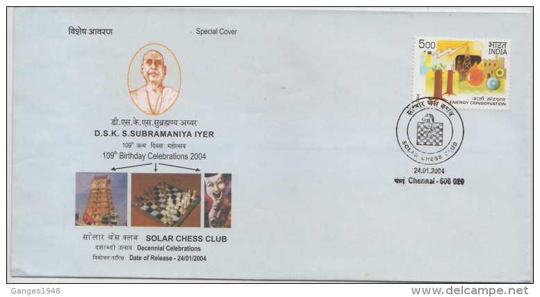 India 2004  Solar Chess Club  Chess Board  Chennai   Special Cover # 86777  Inde Indien - Chess