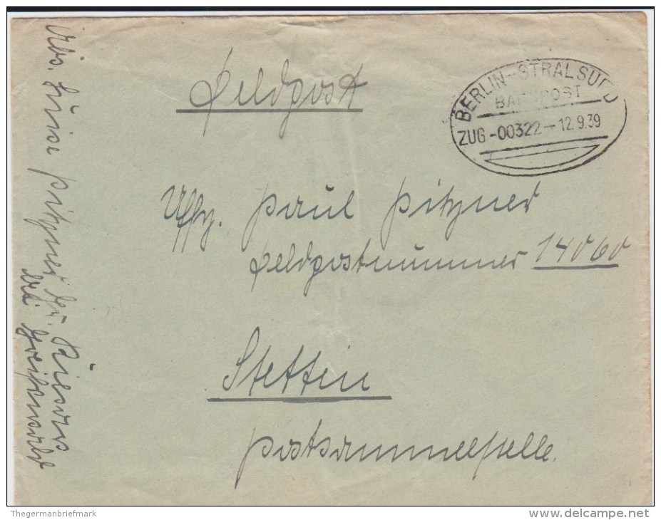 Bahnpost Berlin - Stralsund Bf Feldpost 2 Weltkrieg 1939 - Briefe U. Dokumente