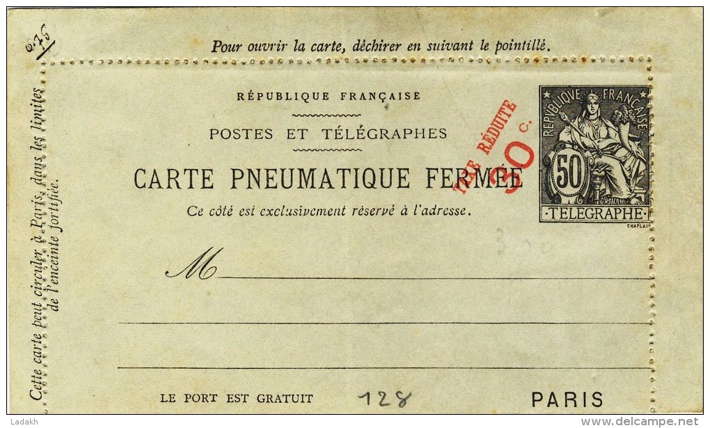 ENTIER &uml;POSTAL # CARTE-PNEUMATIQUE FERME # TYPE CHAPLAIN 50 C NOIR # 1899  # REF STORCH &amp; FRANCON : E 27 # - Pneumatic Post