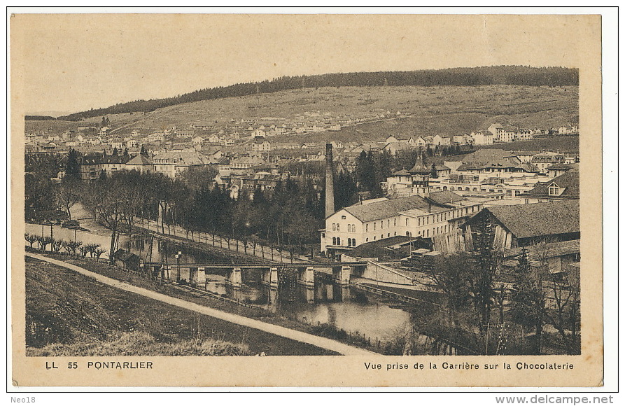 Pontarlier Vue Prise De La Carriuere Sur La Chocolaterie Chocolat  Timbrée Mariane Dulac  1945 - Pontarlier