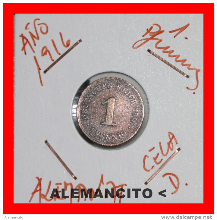 ALEMANIA  -   IMPERIO  -  DEUTSCHES REICH - 1 Pfn: AÑO 1916-D - 1 Pfennig